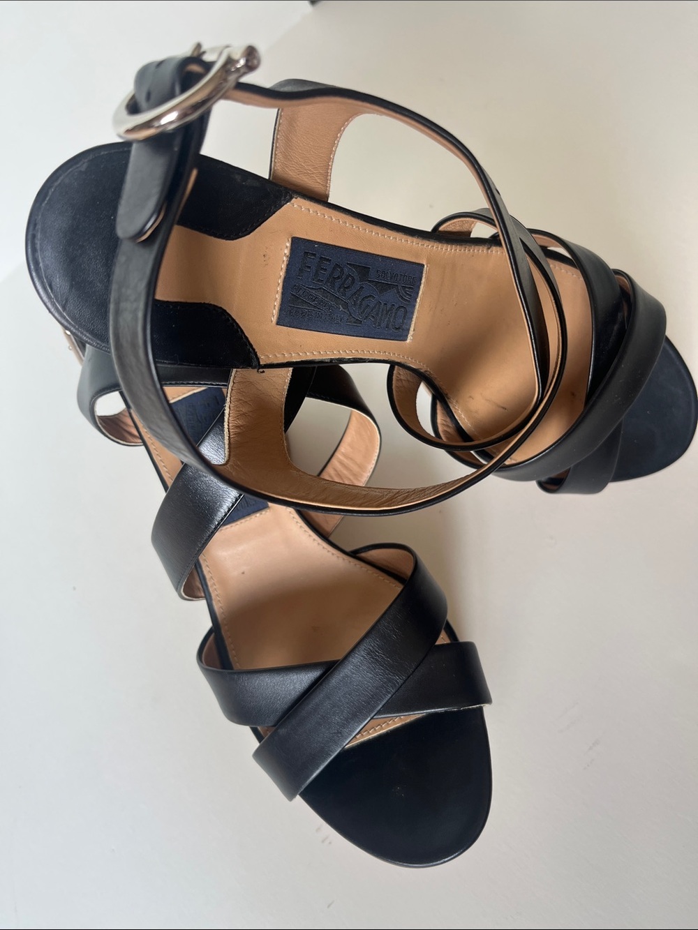 Salvatore Ferragamo, cork platform, black strap, sandals, nine